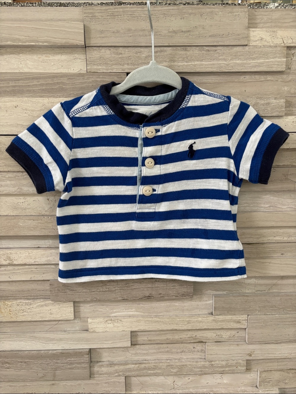 Polo by Ralph Lauren Blue & White Striped Short Sleeve Henley Tee